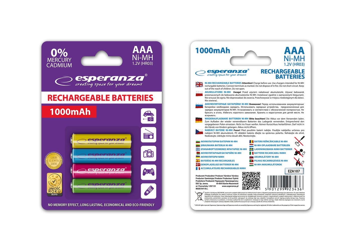 Esperanza 1000mAh AAA Ni-MH akkumulátor 4db/csomag Mix of Color
