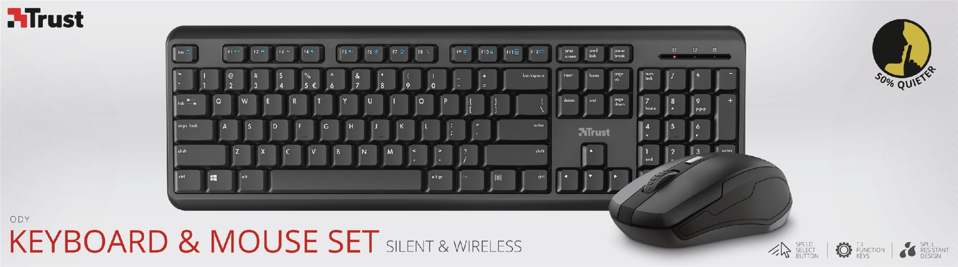 Trust Ody Wireless Silent Keyboard and Mouse Set Black HU
