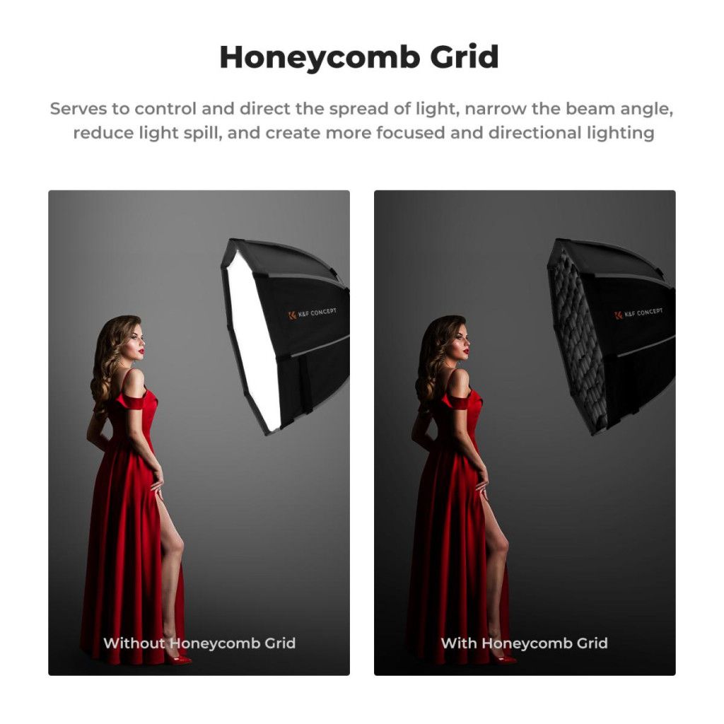 K&F Concept 55cm átmérőjű, octagonal softbox, gyorscsatlakozás, méhsejt rács, Bowens csatlakozás