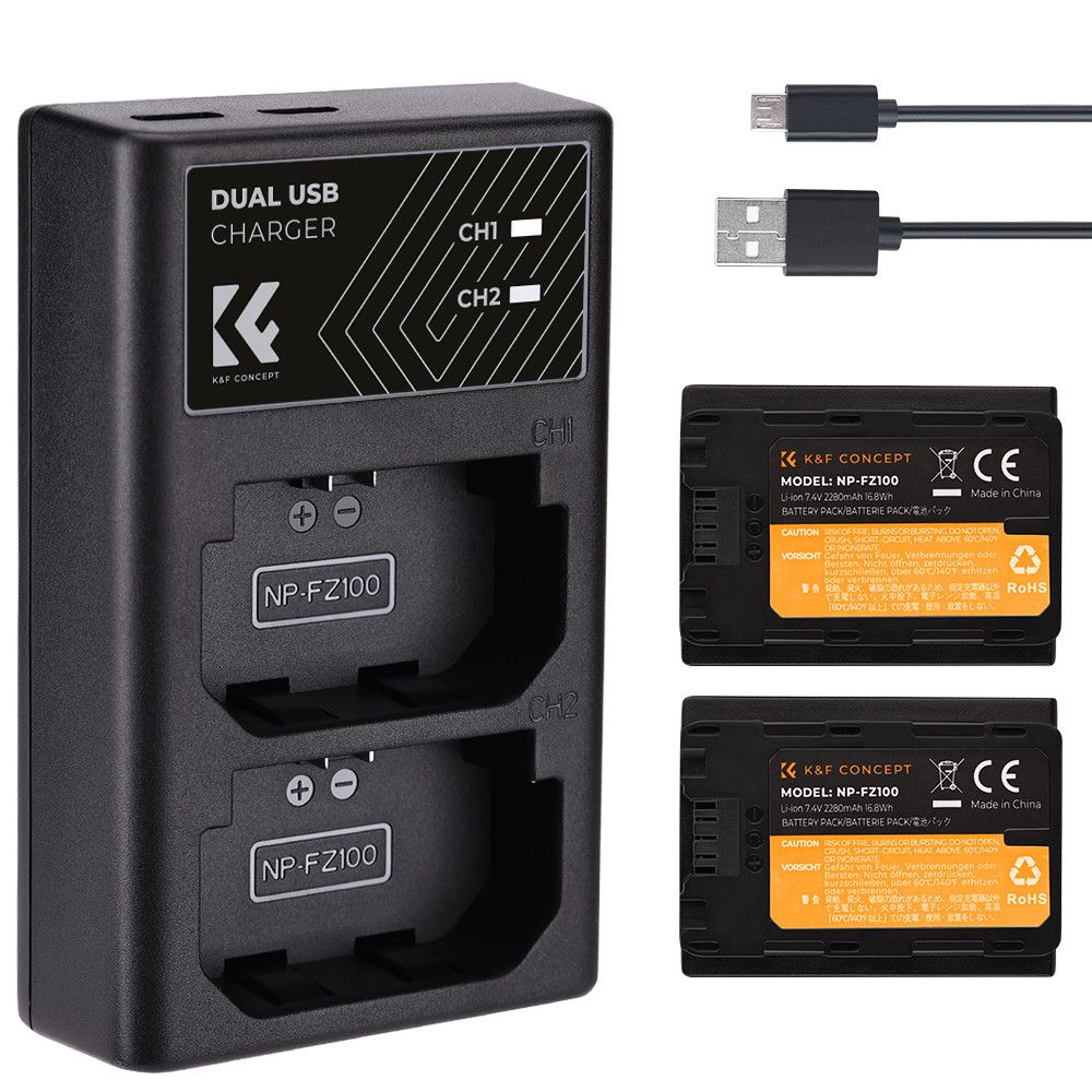 K&F Concept hordozható dupla USB-C akkumulátor BC-QZ1 töltő + 2db FZ100 akkumulátor 2280mAh