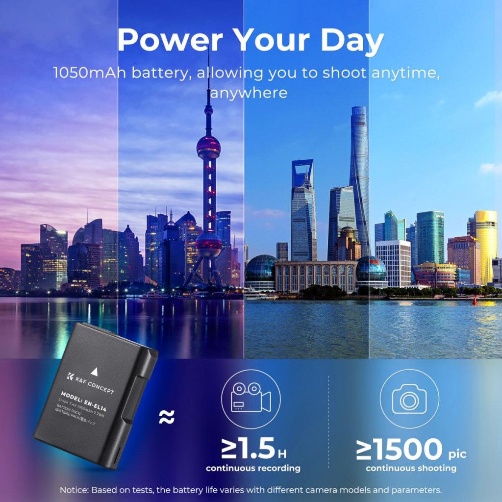 K&F Concept hordozható dupla USB-C akkumulátor MH-24 töltő + 2db EN-EL14 akkumulátor 1050mAh