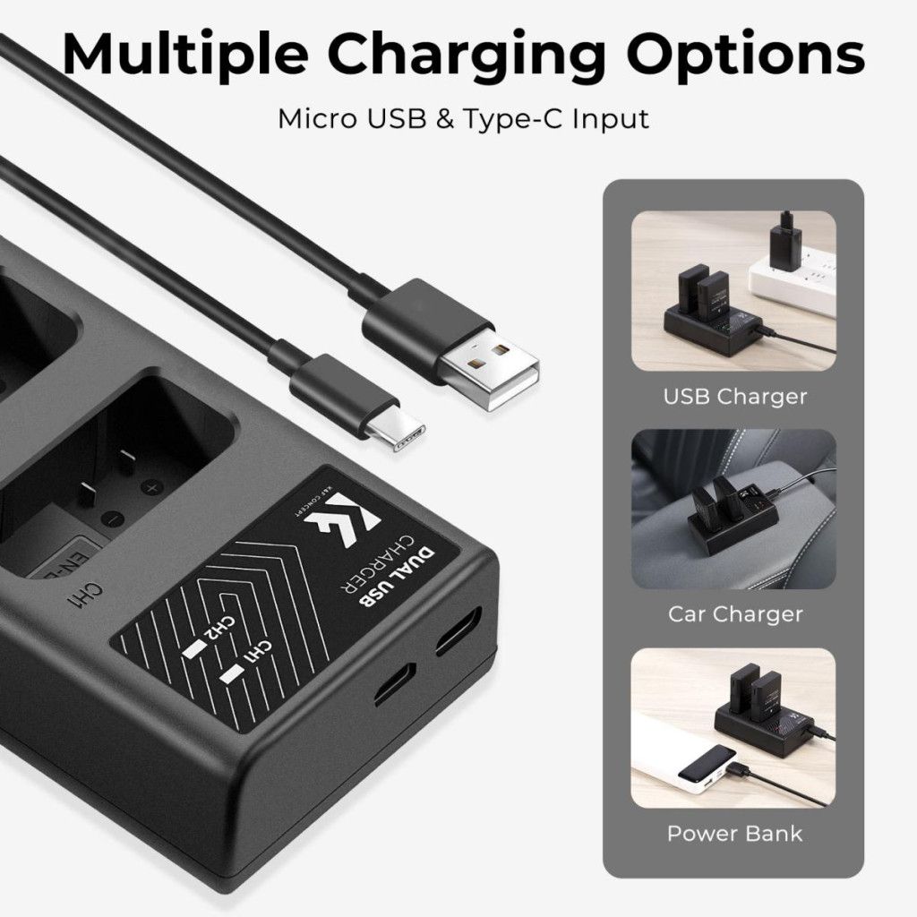 K&F Concept hordozható dupla USB-C akkumulátor MH-24 töltő + 2db EN-EL14 akkumulátor 1050mAh