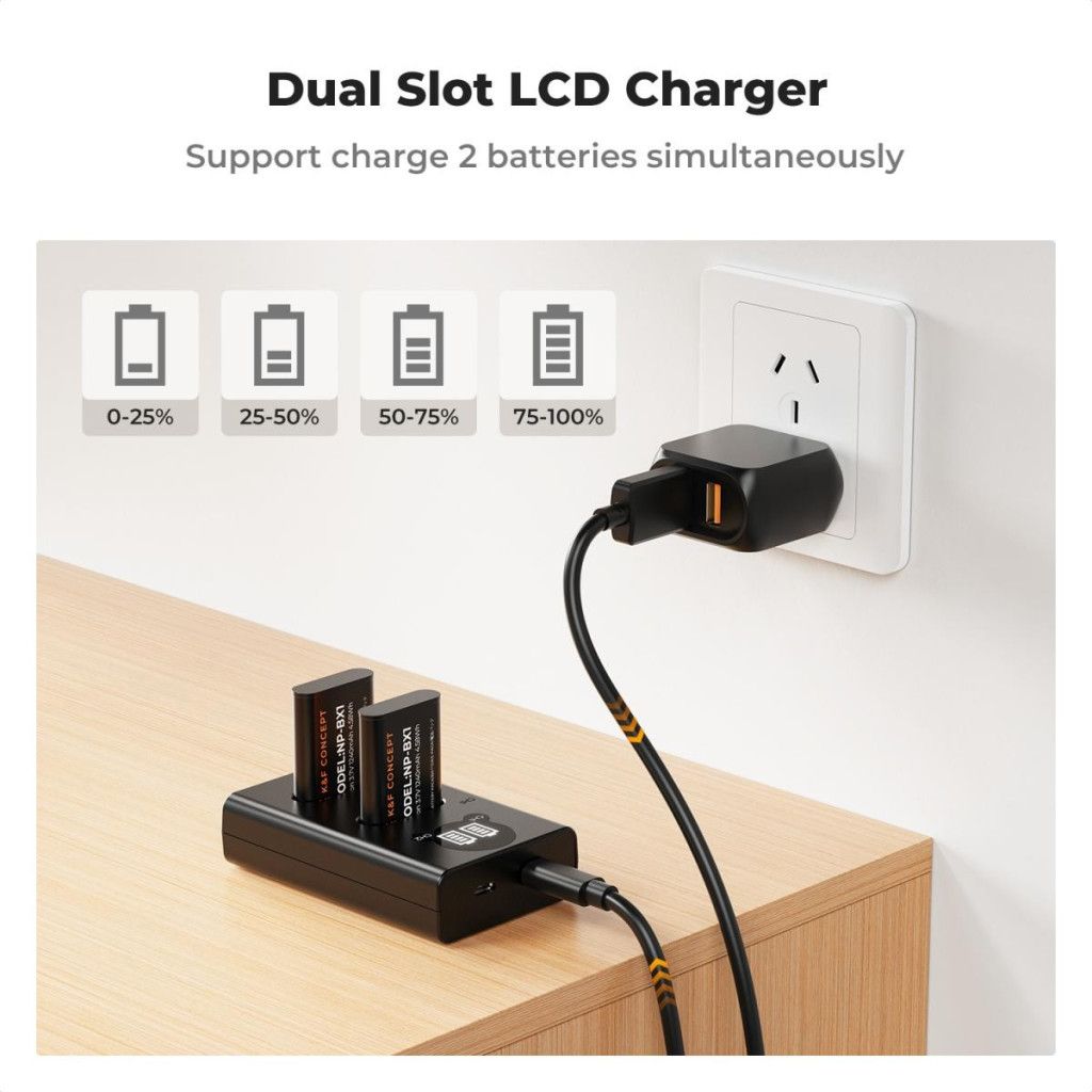 K&F Concept hordozható dupla USB-C akkumulátor NP-BX1 töltő, LCD + 2db NP-BX1 akkumulátor 1240mAh