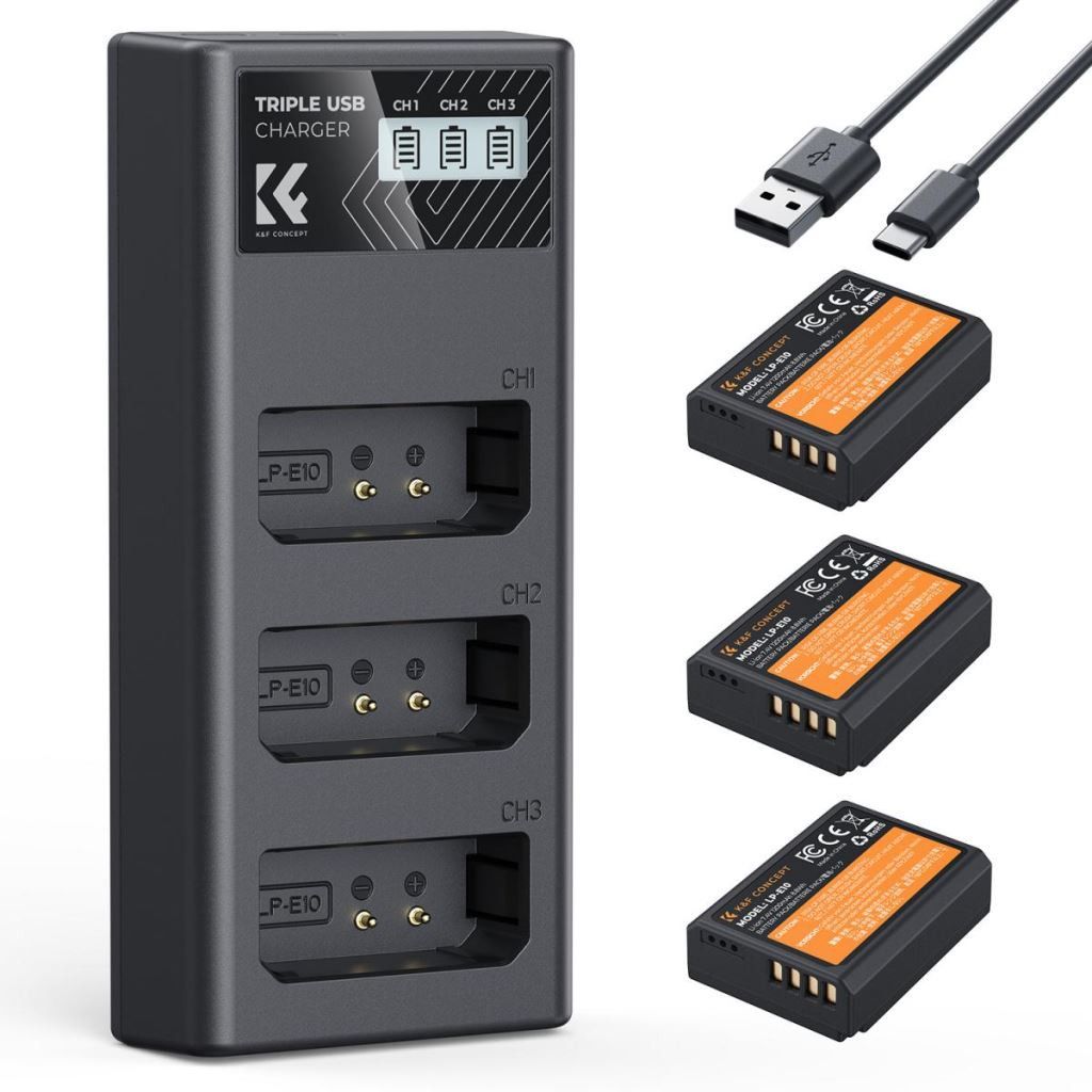 K&F Concept hordozható tripla USB-C akkumulátor LC-E10 töltő, LCD + 3db LP-E10 akkumulátor 1200mAh