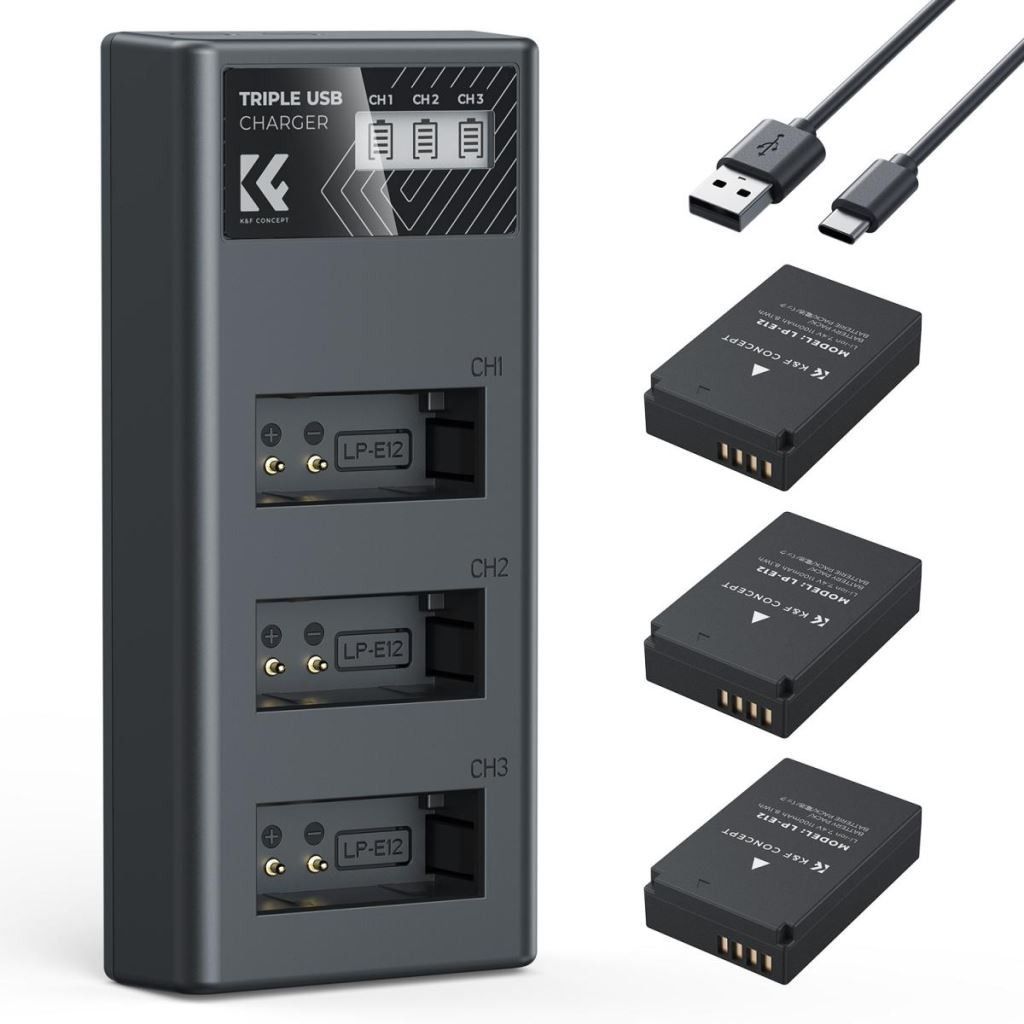 K&F Concept hordozható tripla USB-C akkumulátor LC-E12 töltő, LCD + 3db LP-E12 akkumulátor 1100mAh
