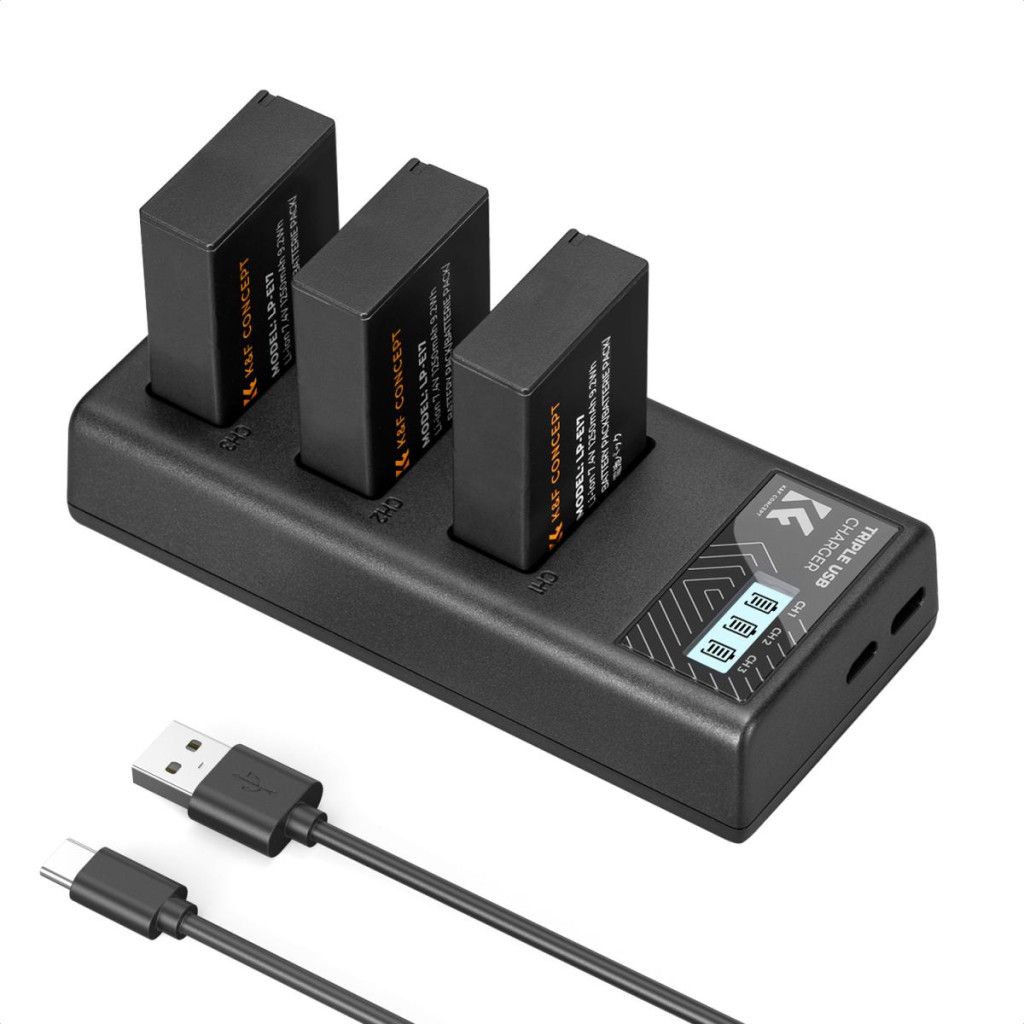 K&F Concept hordozható tripla USB-C akkumulátor LC-E17 töltő, LCD + 3db LP-E17 akkumulátor 1250mAh