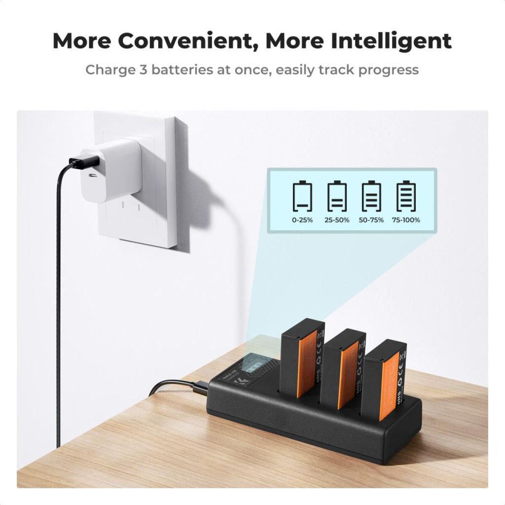 K&F Concept hordozható tripla USB-C akkumulátor LC-E17 töltő, LCD + 3db LP-E17 akkumulátor 1250mAh