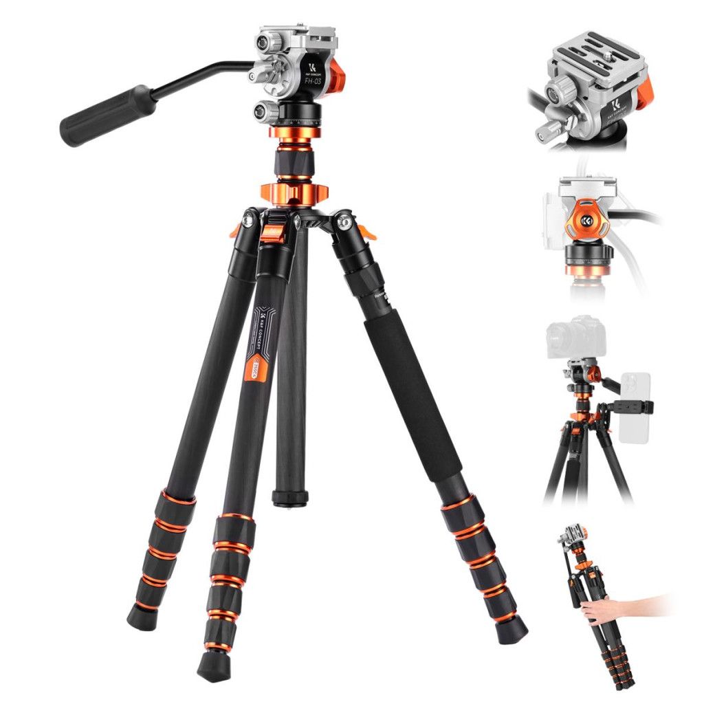 K&F Concept O255C4+FH-03 karbon videóállvány, 170cm magasság, 5kg teherbírás