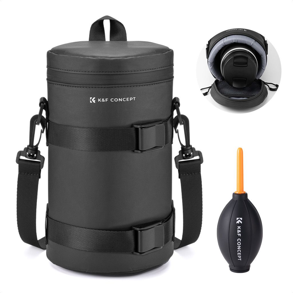 K&F Concept objektív védő tok, XL méret, 11x22cm, vállpánt, csepp és porálló zipzár, ráadás pumpa