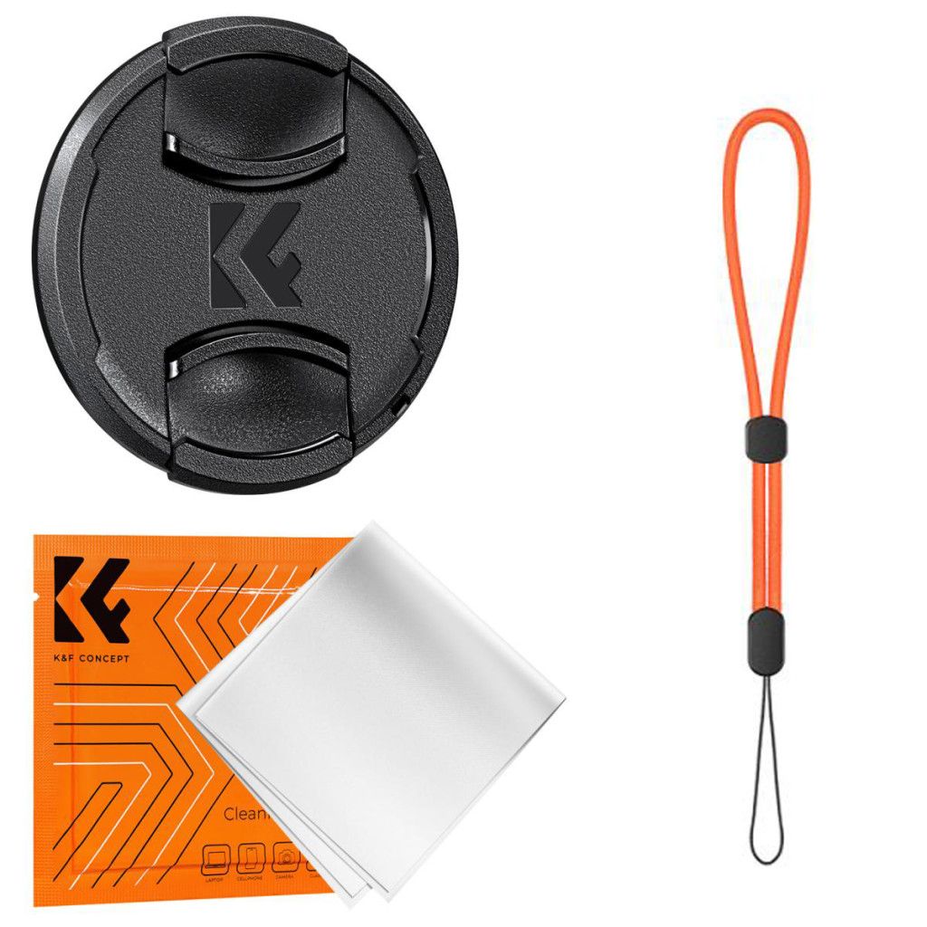 K&F Concept objektívvédő sapka zsinórral + törlőkendő, 58mm