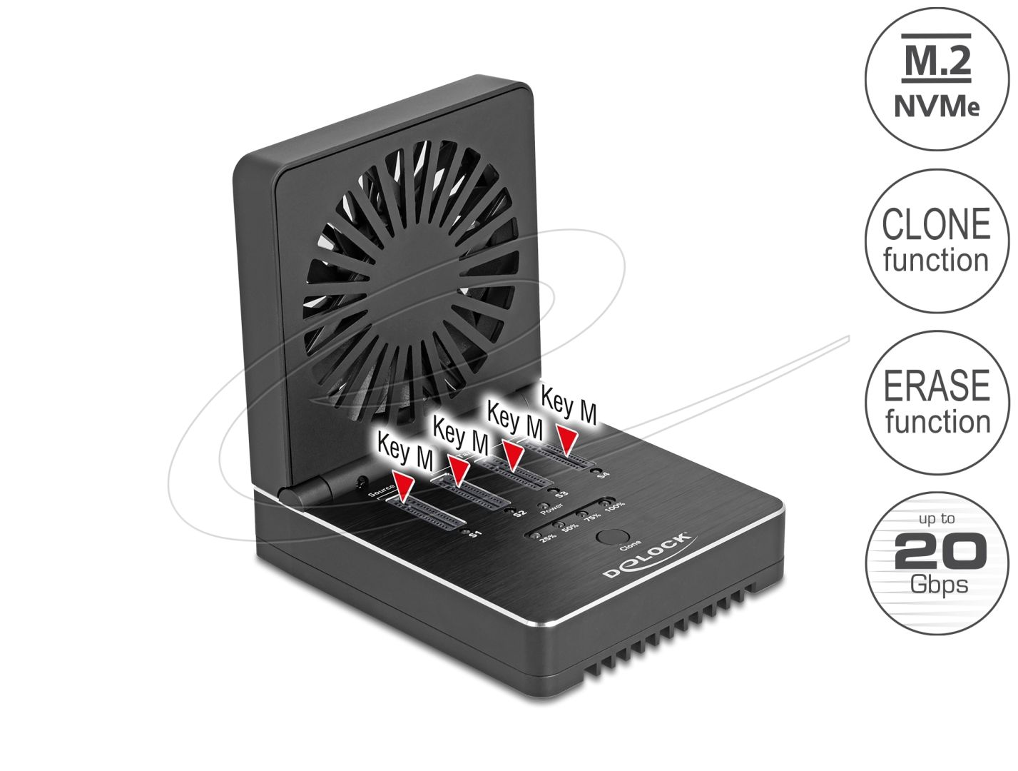 DeLock USB 20 Gbps M.2 Docking Station for 4 x M.2 NVMe PCIe SSD with Clone and Erase Function