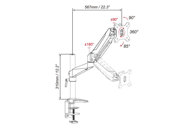 Digitus DA-90351 Universal Single Monitor Mount With Gas Spring And Table Fixture Silver
