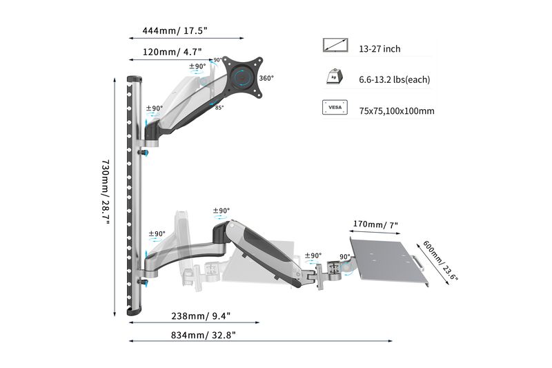 Digitus DA-90354 Flexible Wall Mount For Workspaces Grey
