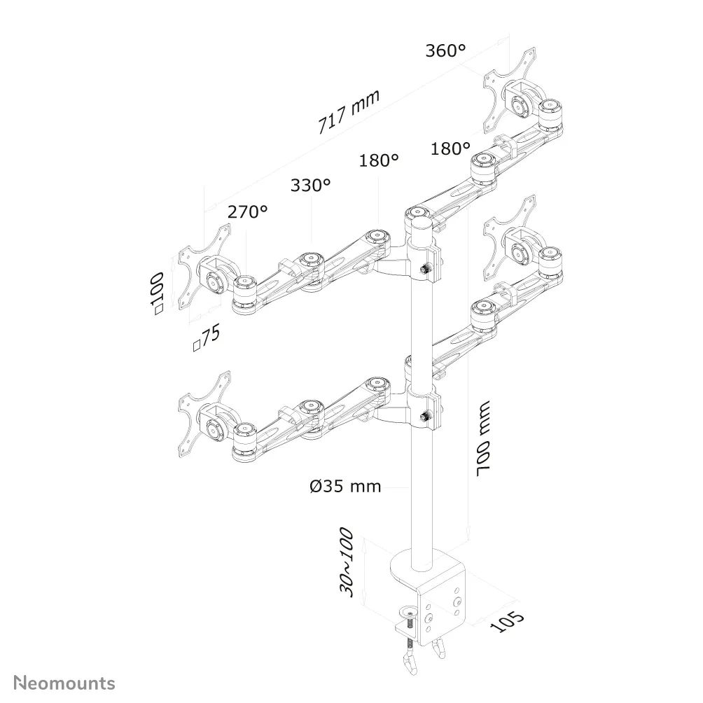 Neomounts FPMA-D935D4 Tilt/Turn/Rotate Quad desk monitor arm 10