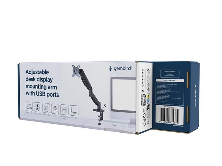 Gembird MA-DA1U-01 Adjustable desk display mounting arm with USB ports 17”-32” Black