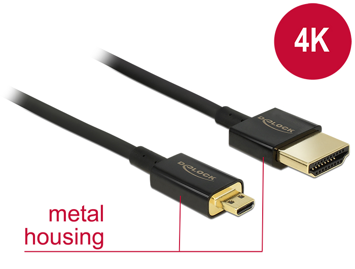 DeLock Cable High Speed ​​HDMI Ethernet - HDMI-A male> HDMI Micro-D dugó 3D 4K 1,5 m Slim High Quality