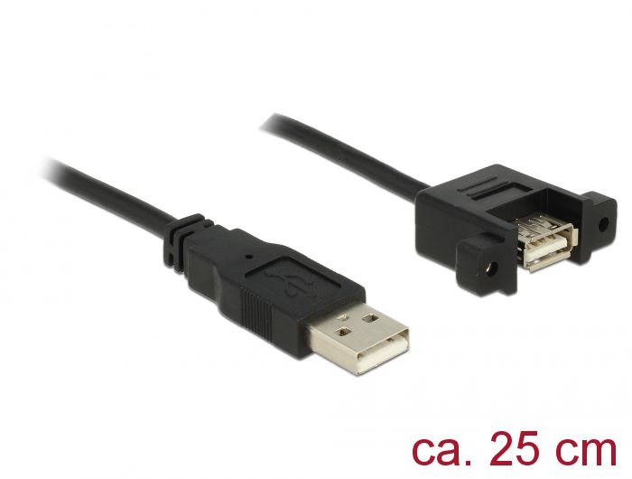 DeLock USB 2.0 Type-A male > USB 2.0 Type-A female panel-mount cable 0,25m Black