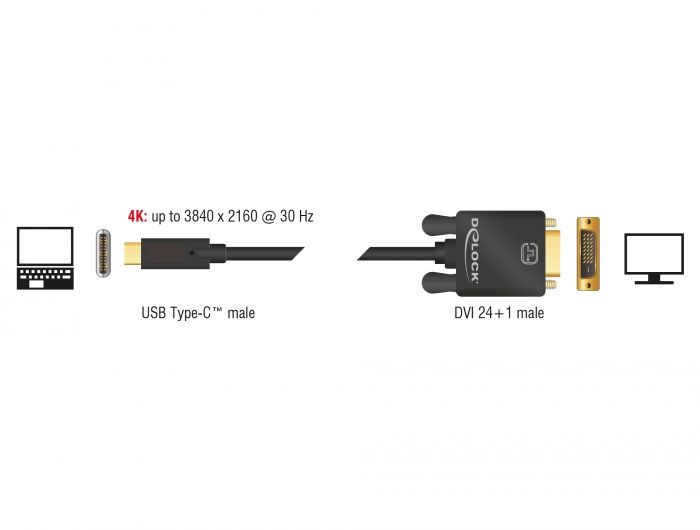 DeLock USB Type-C male > DVI-D (24+1 Single Link) (DP Alt Mode) 4K 30 Hz 1m Black