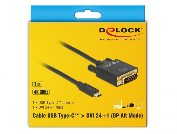 DeLock USB Type-C male > DVI-D (24+1 Single Link) (DP Alt Mode) 4K 30 Hz 1m Black