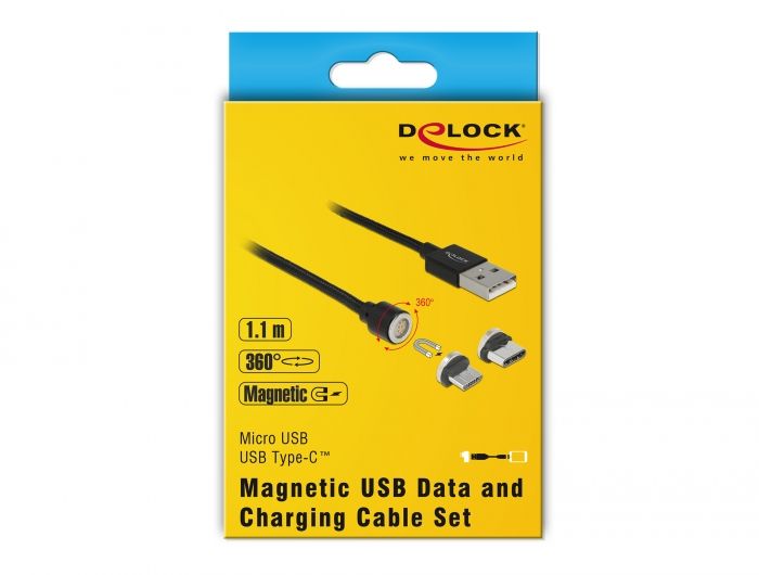 DeLock Magnetic USB Data and Charging Cable Set for Micro USB / USB Type-C 1,1m Black
