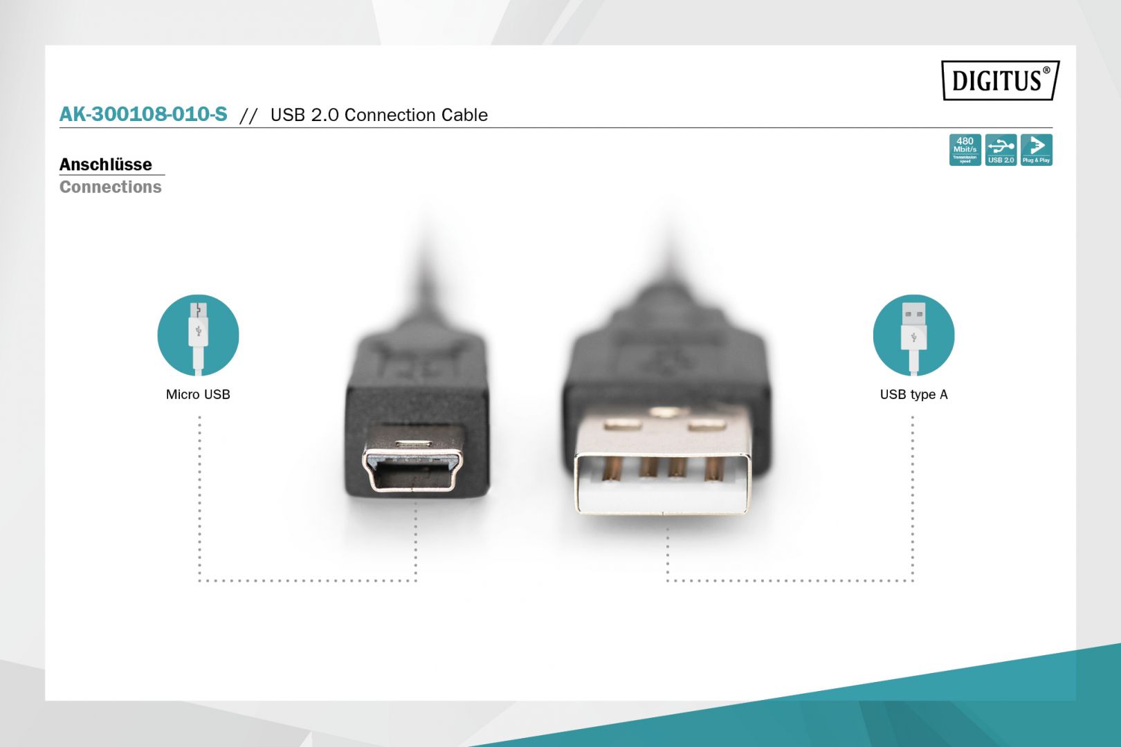 Assmann USB 2.0 connection cable, type  A - mini B (5pin) 1m Black