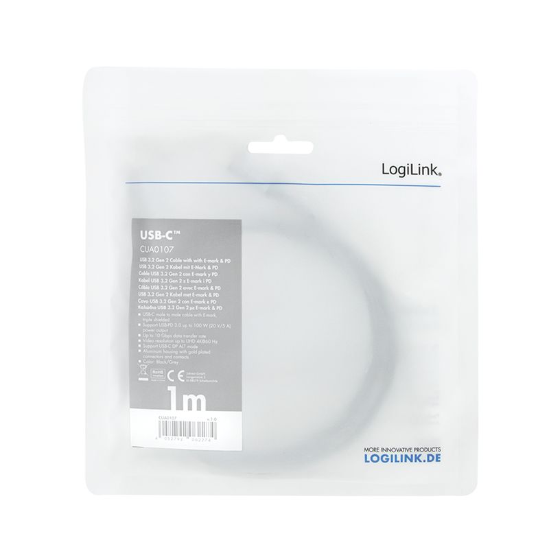 Logilink USB3.2 Gen2 Type-C cable C/M to C/M PD AV Alu 1m Black/Grey