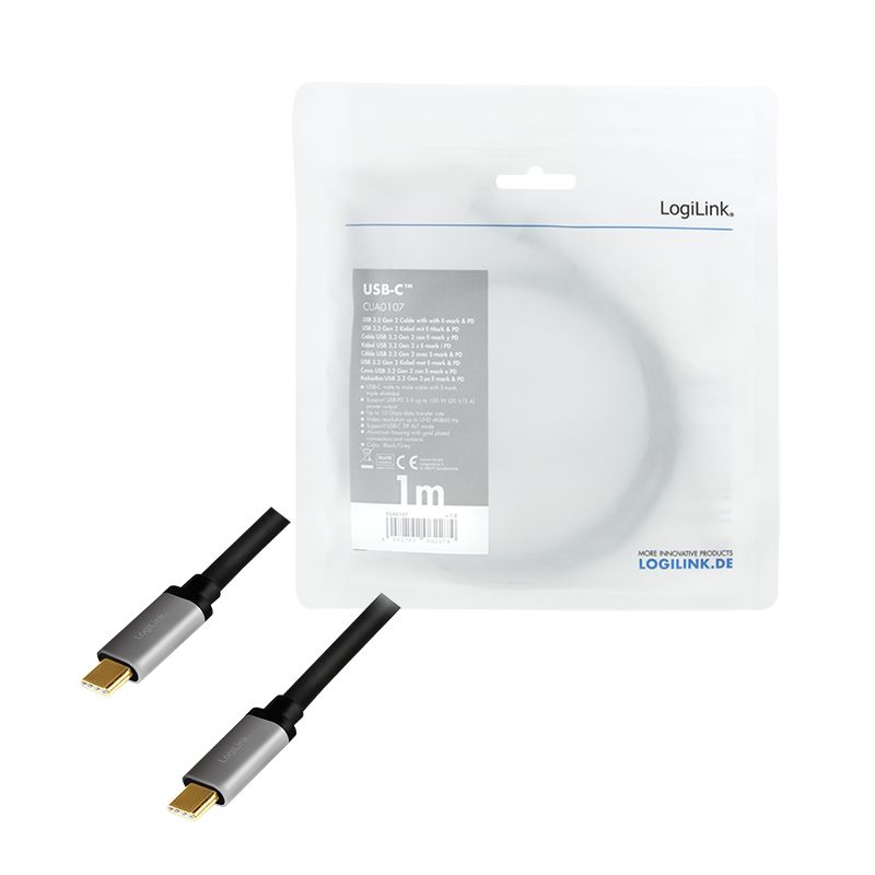 Logilink USB3.2 Gen2 Type-C cable C/M to C/M PD AV Alu 1m Black/Grey