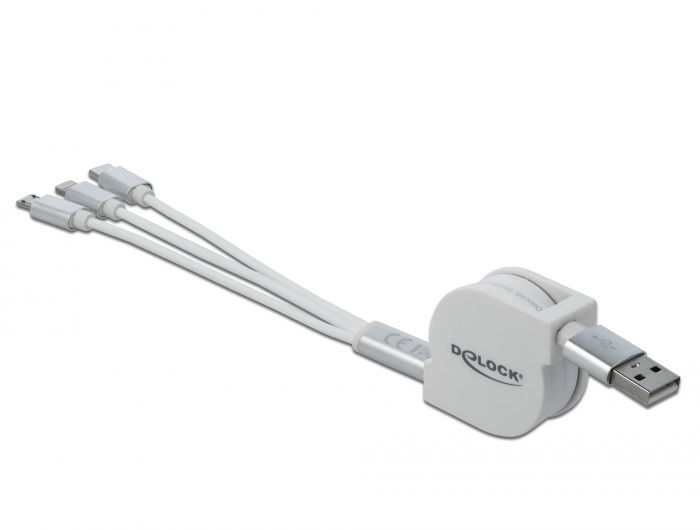 DeLock USB 3 in 1 Retractable Charging Cable for Lightning / Micro USB / USB Type-C 1m White