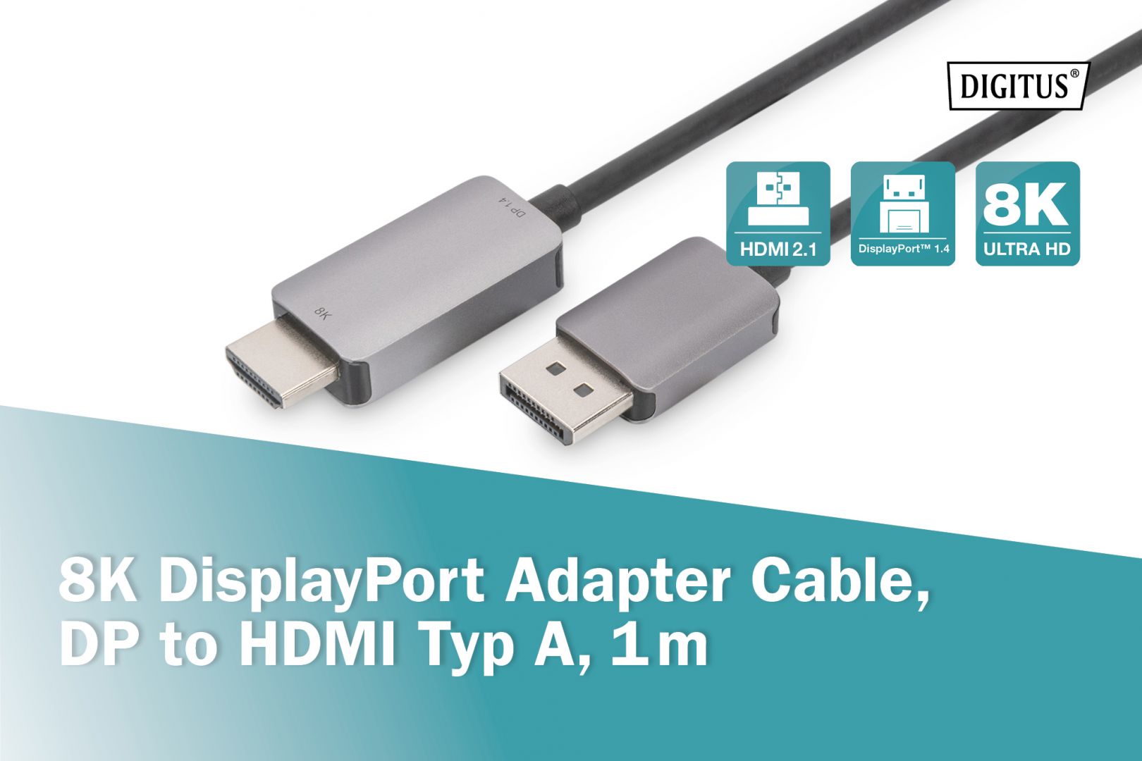 Digitus DB-340305-010-S 8K DisplayPort Adapter Cable, DP to HDMI Type A