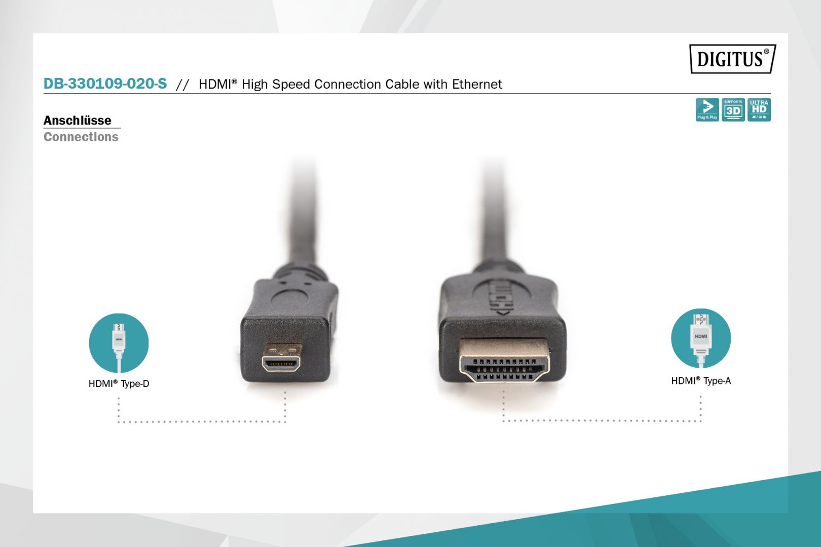 Digitus 4K HDMI High-Speed Connecting Cable Type D to Type A 2m Black