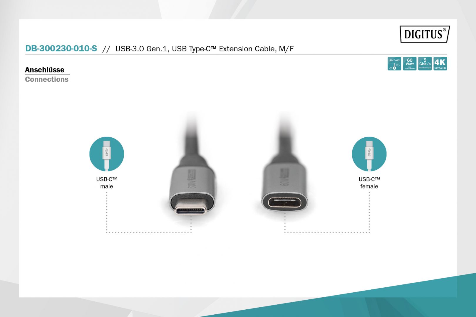 Digitus USB-3.0 Gen.1 USB Type-C extension cable M/F 1m Black