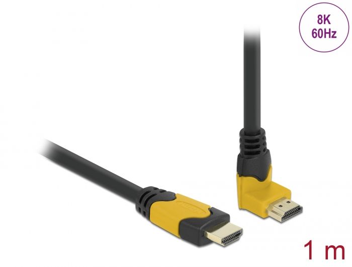 DeLock High Speed HDMI cable male straight to male 90° upwards angled 48 Gbps 8K 60 Hz 1m Black/Yellow