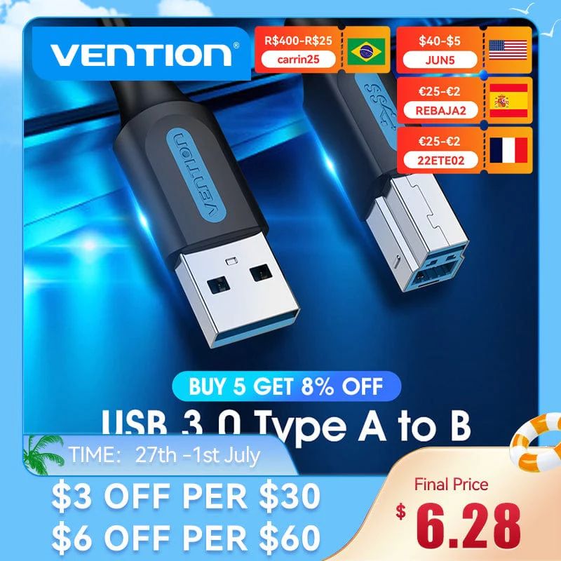 Vention USB 3.0 2.0 Type A Male to B Male printer cable 2m Black