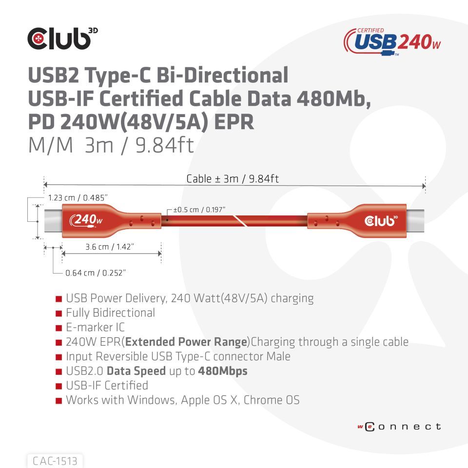 Club3D USB2 Type-C cable 3m Red