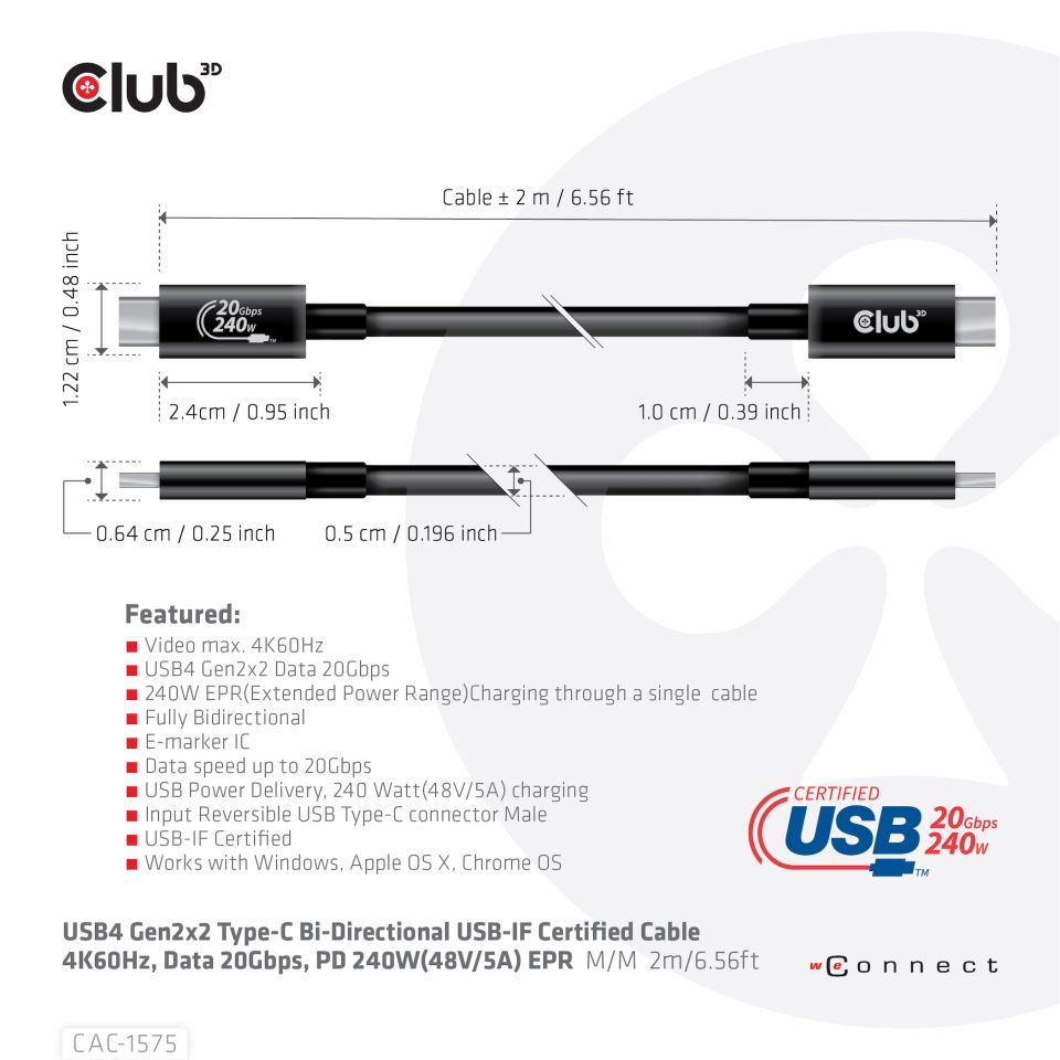 Club3D USB4 Gen2x2 Type-C Bi-Directional USB-IF Certified 4K60Hz Data 20Gbps PD 240W(48V/5A) EPR M/M Cable 2m Black