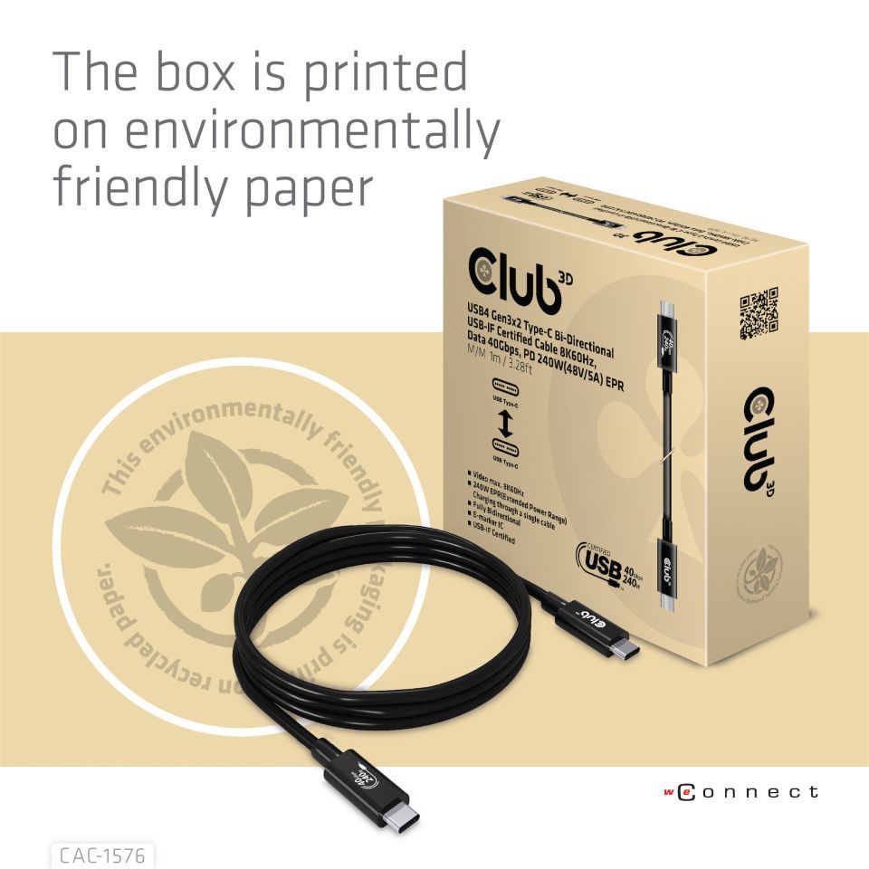 Club3D USB4 Gen3x2 Type-C Bi-Directional USB-IF Certified 8K60Hz Data 40Gbps, PD 240W(48V/5A) EPR M/M Cable 1m Black