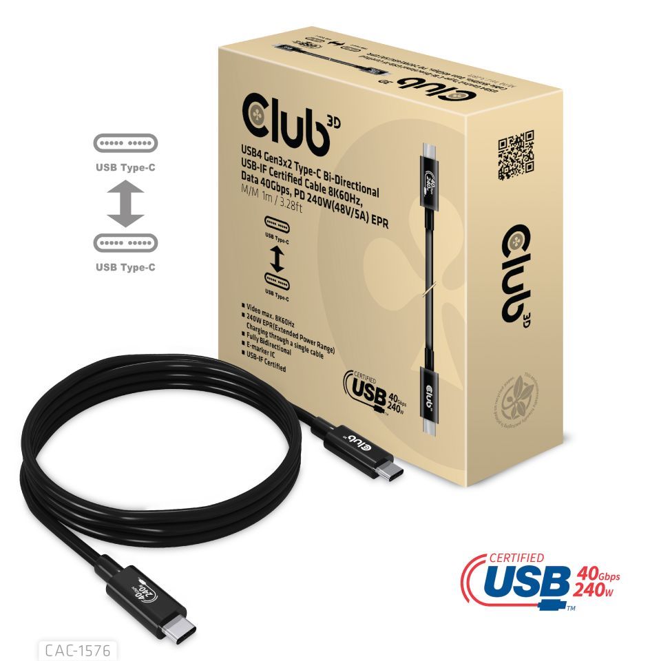 Club3D USB4 Gen3x2 Type-C Bi-Directional USB-IF Certified 8K60Hz Data 40Gbps, PD 240W(48V/5A) EPR M/M Cable 1m Black