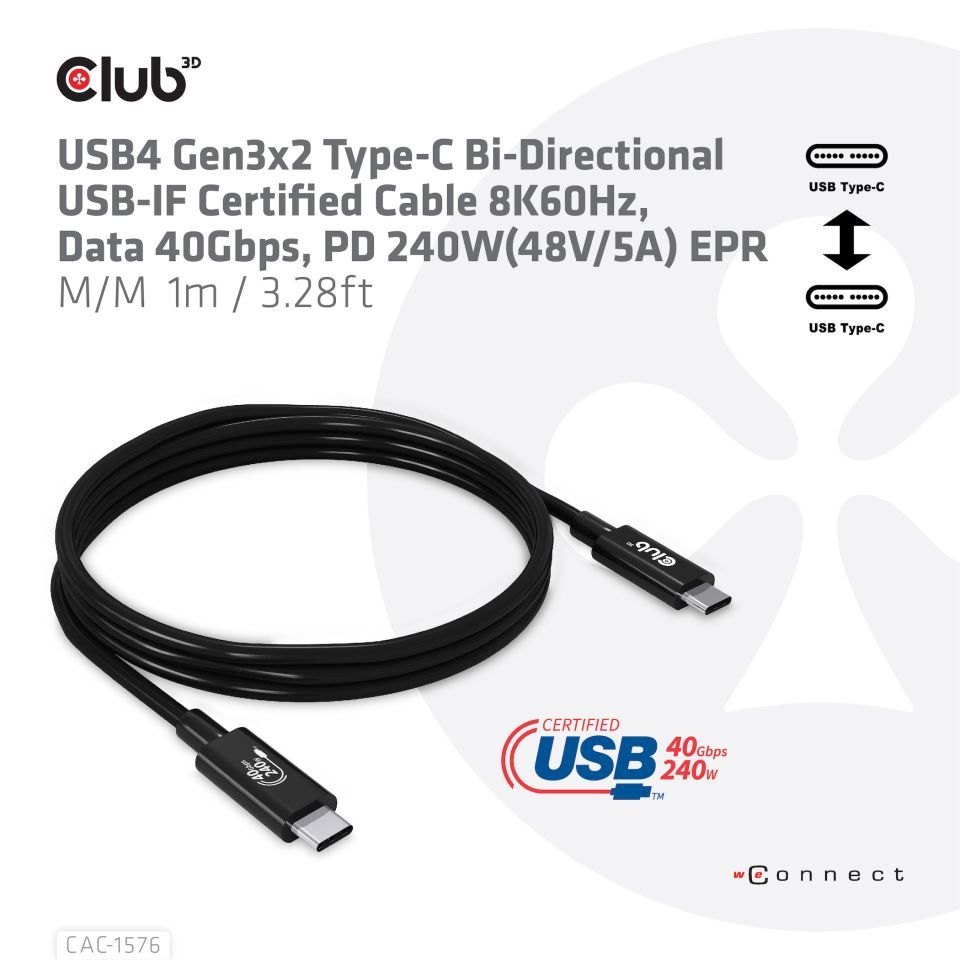 Club3D USB4 Gen3x2 Type-C Bi-Directional USB-IF Certified 8K60Hz Data 40Gbps, PD 240W(48V/5A) EPR M/M Cable 1m Black