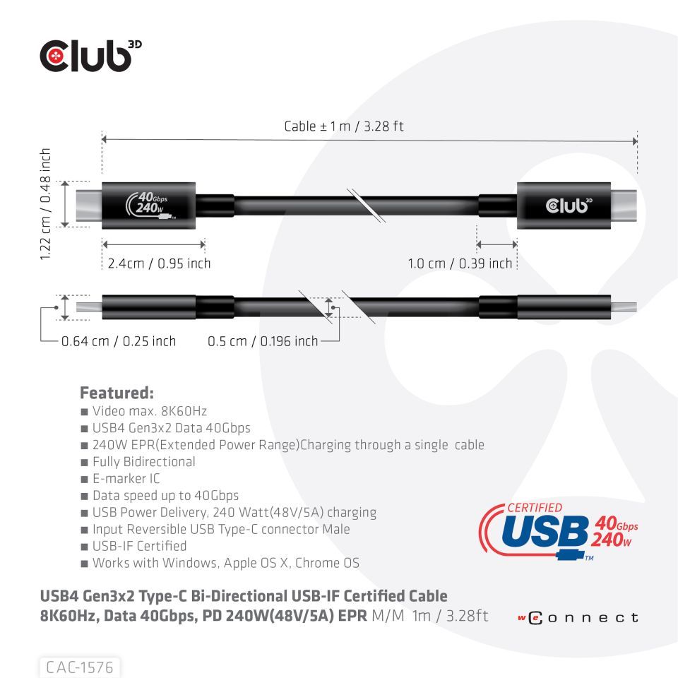 Club3D USB4 Gen3x2 Type-C Bi-Directional USB-IF Certified 8K60Hz Data 40Gbps, PD 240W(48V/5A) EPR M/M Cable 1m Black