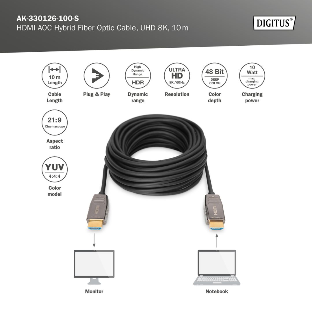 Digitus HDMI AOC Hybrid Fiber Optic Cable, UHD 8K 10m Black