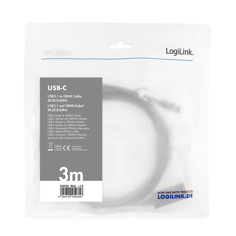 Logilink USB 3.2 Gen1 Type-C cable C/M to HDMI-A/M 4K/60Hz 3m Black