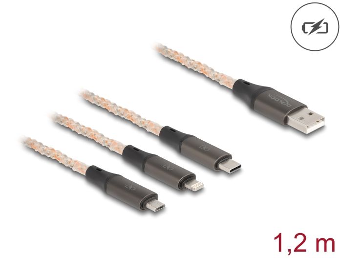 DeLock USB RGB Charging Cable 3 in 1 Type-A to Lightning / Micro USB / USB Type-C 1,2m Transparent