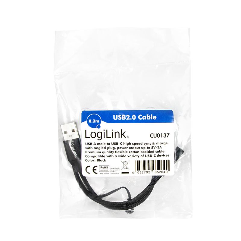 Logilink USB 2.0 Type-C cable C/M (90°) to USB-A/M 0,3m Black