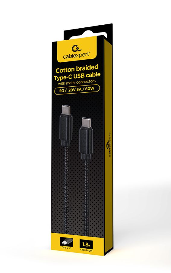 Gembird Cotton braided Type-C male-male USB cable with metal connectors cable 1,8m Black