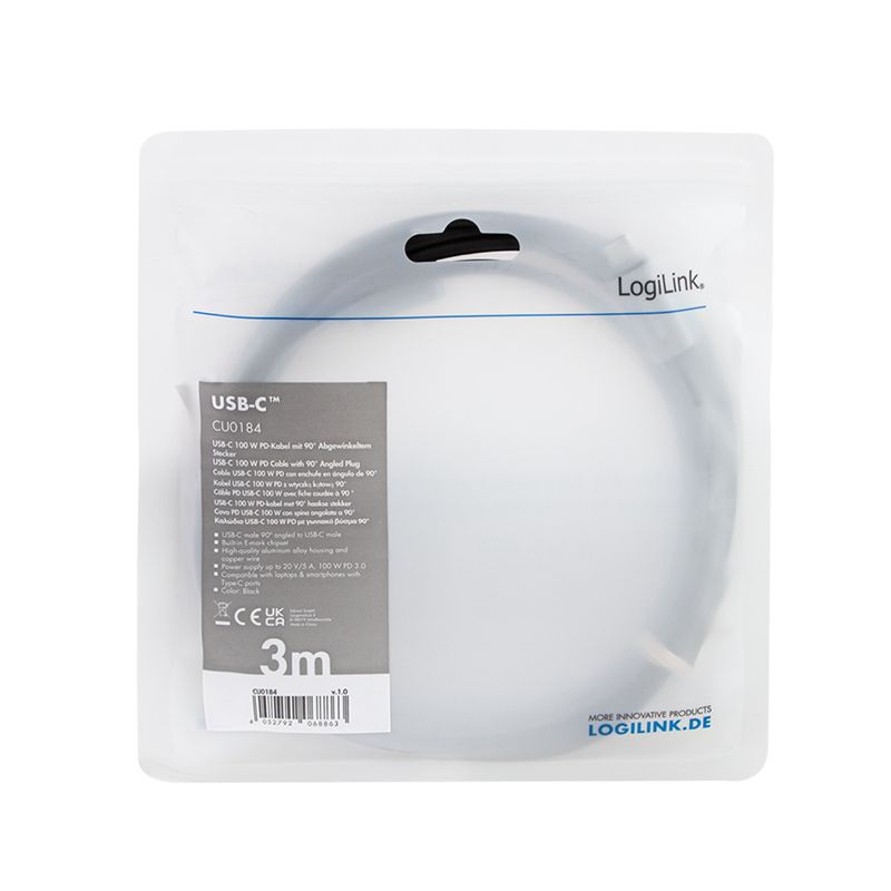 Logilink USB 2.0 Type-C cable C/M 90° to USB-C/M E-mark 3m Black/Grey