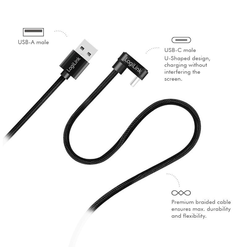Logilink USB 2.0 Type-C cable C/M 180° to USB-A/M alu 1m Black