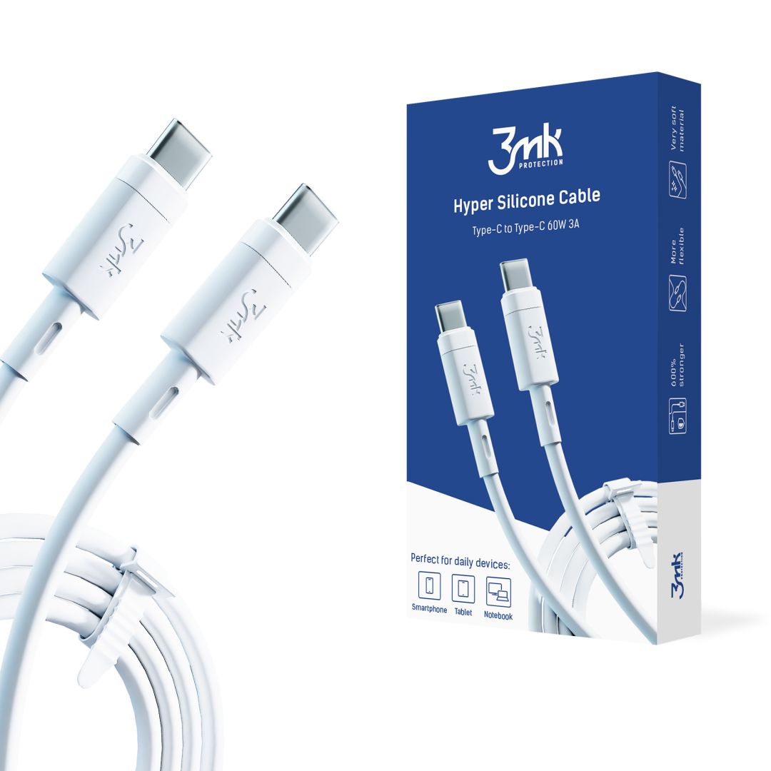 3mk Hyper Szilikon kábel Type-C - Type-C 60W 3A 1m White