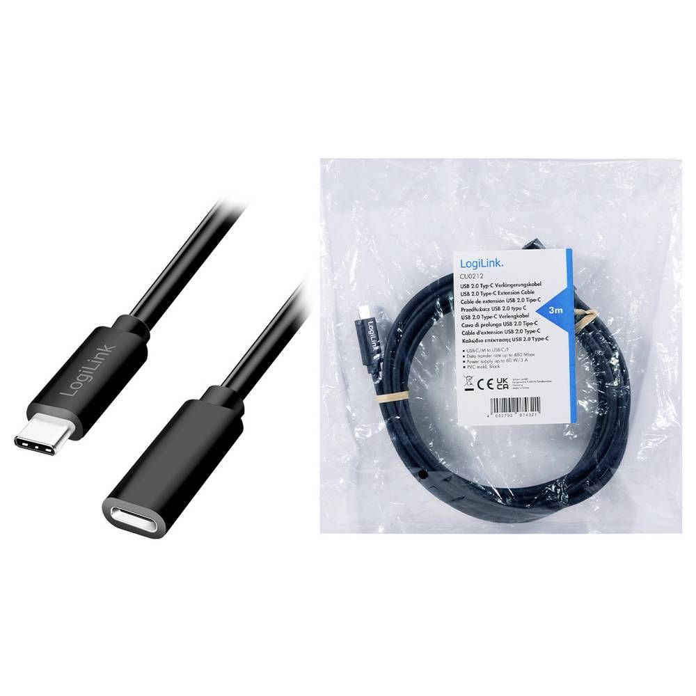 Logilink USB 2.0 Type-C kábel C/M-USB-C/F PD 2m Black