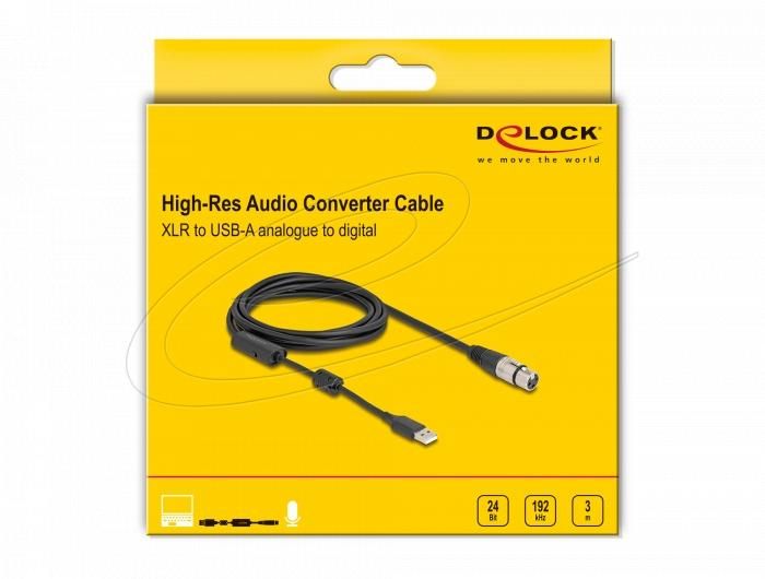 DeLock High-Res Audio Converter Cable XLR 3 pin to USB Type-A analogue to digital 3m Black