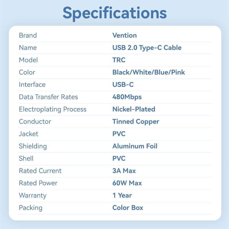Vention USB 2.0 Type-C Male to Type-C Male 3A Cable 2m Black